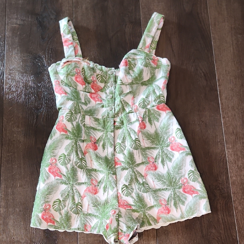 Flamingo Tropical Print Jaquard Romper Slate & Willow